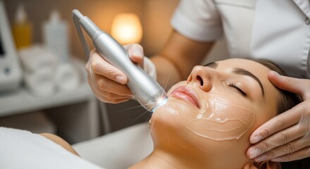 Young woman receives facial treatment with glowing device at spa