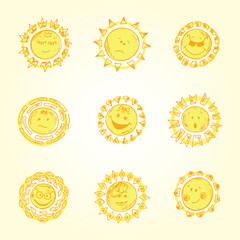 Hand drawn cute doodle sun vector set