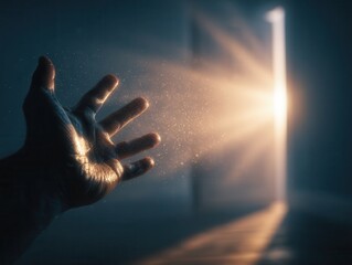 human hand reaching toward soft bright light coming through a slightly open door