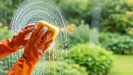 Woman in orange glove cleaning window with sponge and foam. Concept of spring cleanUp and household chores for hygiene.