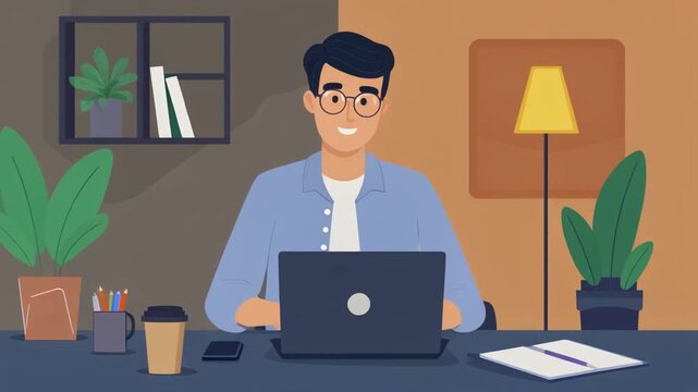 businessman character working on laptop on his work desk footage