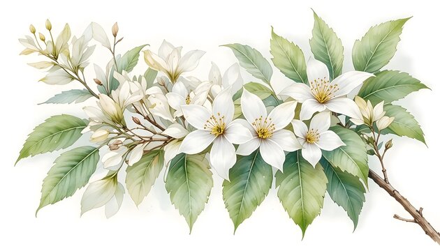 Elegant watercolor illustration of delicate white flowers with fresh green leaves on a branch. banaba