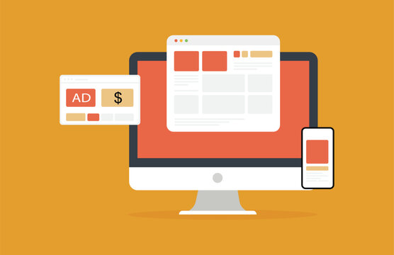 Responsive Web Advertising Concept with Desktop Tablet and Mobile Devices Vector Illustration
