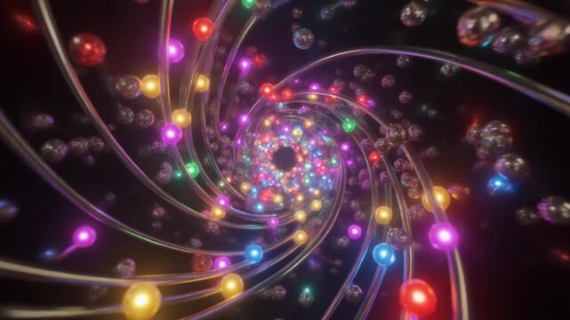 The energy vortex is formed from colorful floating atoms footage