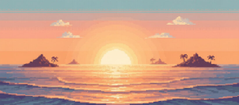 Vibrant pixel art sunset over a calm ocean, featuring distant islands silhouetted against a gradient sky of blue, purple, pink, and orange. A bright sun reflects brilliantly on the tranquil water