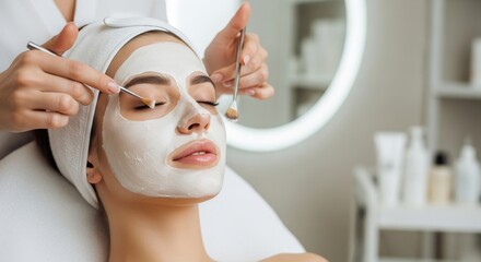 Young woman with face mask being applied in a spa