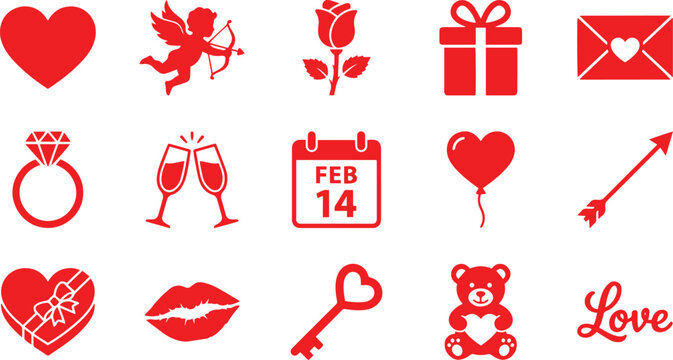 Set of valentine's day red vector icons isolated on transparent background, perfect for romantic and wedding designs, featuring hearts, cupid, gifts, and champagne glasses