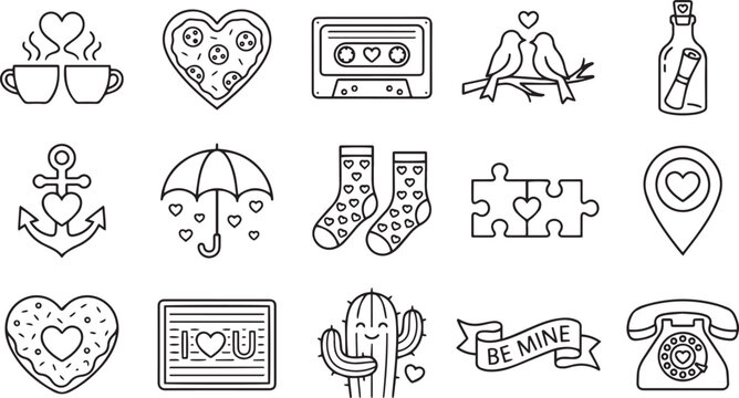 Set of detailed black outline valentine icons for expressing love warmth cozy moments communication and strong bonds