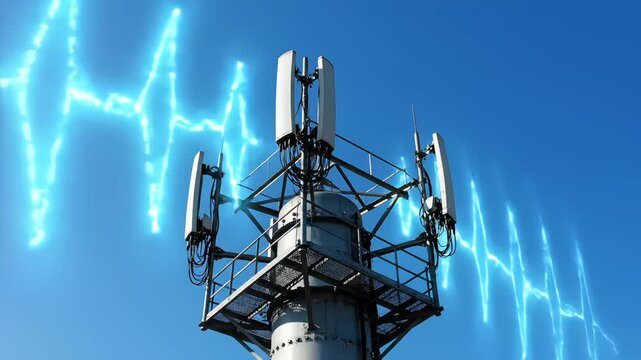 A telecommunication tower with antennas against a clear blue sky, emitting visualized blue energy waves to represent the transmission of wireless signals, 5G data, and global connectivity