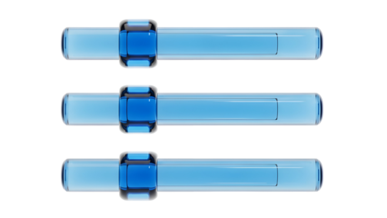 Three Blue Glass Tubes with Square Blue Caps on Black Background