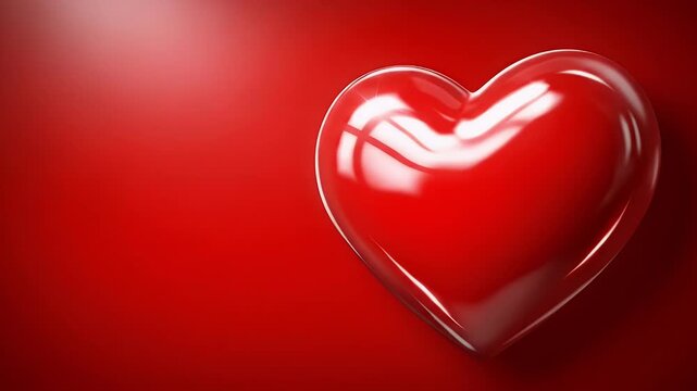 A vibrant, glossy red heart pulsates gently against a rich, monochromatic red background, creating a warm and deeply romantic atmosphere. The sleek, reflective surface of the heart catches subtle high