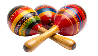 Three colorful maracas with wooden handles, close up, overlapping