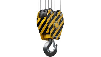 Yellow and black industrial hoist with metal hook and cables hanging