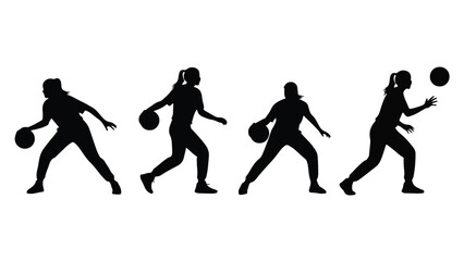 Silhouettes of female basketball players in action on a white background