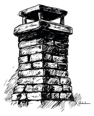 Fototapeta premium Hand drawn line art illustration of a chimney depicting a traditional brick structure for home and architectural design
