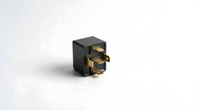 Black electrical relay with gold terminals