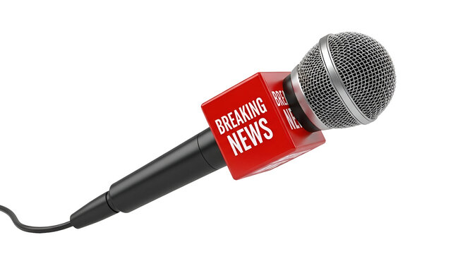 Red breaking news microphone with silver grill on black background