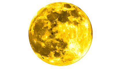 Luminous, detailed golden orb against black. Textured surface; craters; glowing, illuminated