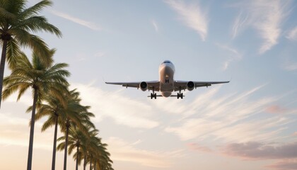 airplane flying over tropical palm trees