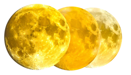 Three lunar spheres in varying shades of gold, radiating light against a black background