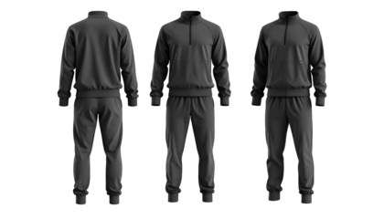 Three views of a dark grey athletic tracksuit on a black background