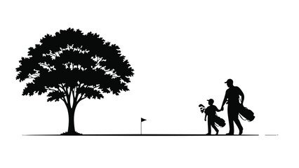 Silhouette vector of father and son golfers on course with tree and flag