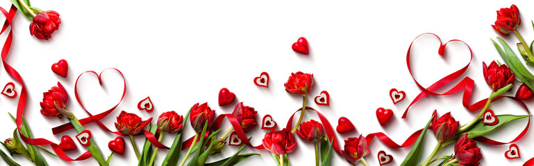 Red Tulips and Heart-Shaped Ribbons on White Background for Valentine's Day, banner
