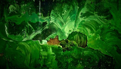 Vibrant green paint texture with natural erosion revealing a brown base underneath