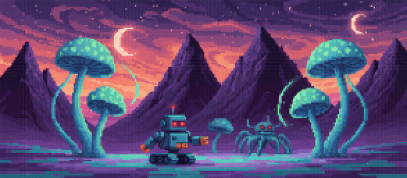 A lone robot explores a vibrant pixel art alien world at sunset, featuring fantastical flora, towering mountains, a calm lake, and multiple planets in the sky