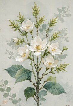 A beautiful watercolor painting featuring delicate white flowers and green leaves. banaba