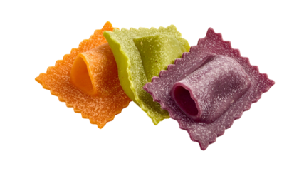 Three colorful square pasta pieces with wavy edges, rolled up, against a black backdrop