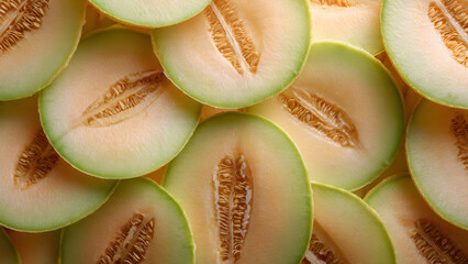 Cantaloupe slices with seeds neatly arranged together. Perfect for food blogs, recipe books, health magazines, and social media posts.