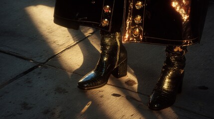 Gleaming black boots and coat details are lit by sun on pavement. Gold accents sparkle. Legs fill the frame