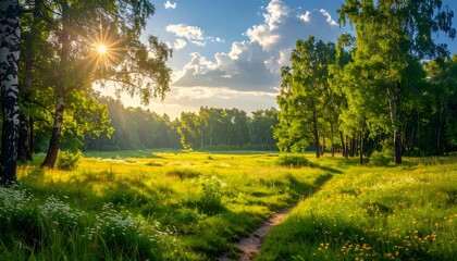A sunlit meadow with lush greenery, vibrant flowers, and a winding path through trees