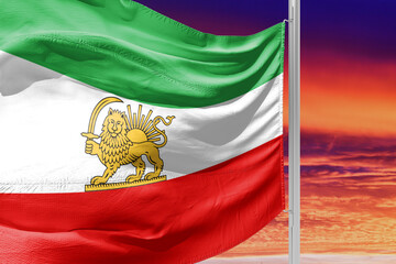 Waving Flag of Iran with Lion and Sun Emblem, Symbol of Protests and Opposition	