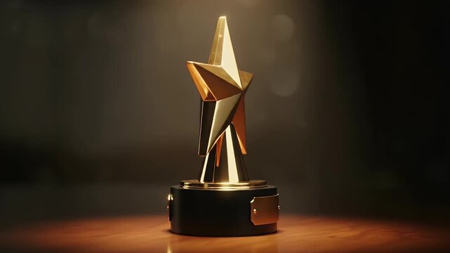 A magnificent golden star trophy gleams under a focused spotlight, slowly rotating on a polished wooden surface. The luxurious and prestigious award stands out against a blurred, dark background with 