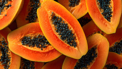 Halved cantaloupe melons on orange surface. Fresh fruit background for food blogs, recipes, or summerthemed designs. Vibrant and refreshing.