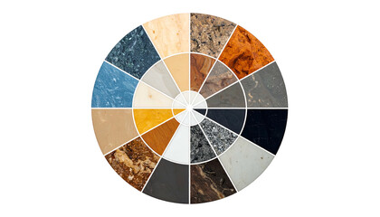 Circular color palette showcases diverse stone textures and patterns against a black background