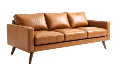 A luxurious, brown leather three-cushion couch with wooden legs against a dark backdrop