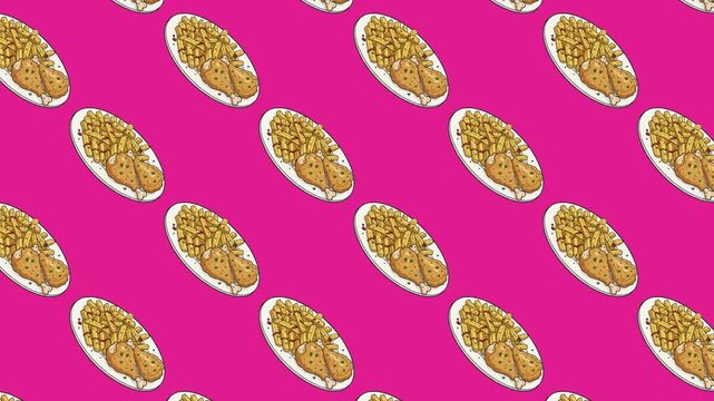 Seamless looping animation of crispy fried chicken drumsticks and golden French fries on white plates. A vibrant pink background makes this tasty fast food pattern pop for culinary content