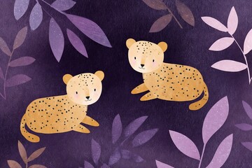 Two cute cartoon leopards on purple jungle background