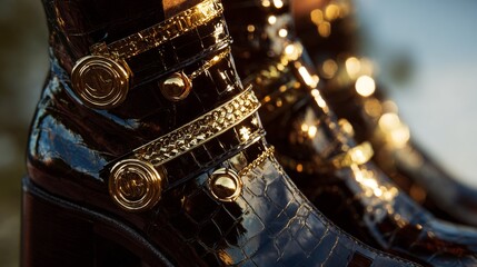 Close-up of glossy dark boots with golden embellishments, featuring straps and decorative hardware. Blurred background suggests natural light