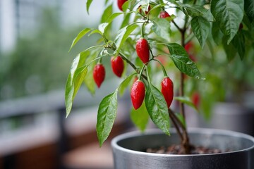 Red chili peppers growing on plant in metal pot outdoors