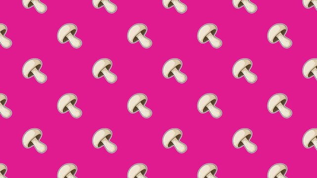 A playful and vibrant 2D seamless loop featuring hand-drawn style mushrooms floating across a bright magenta background. High-quality minimal pop-art animation for food or nature-themed backgrounds