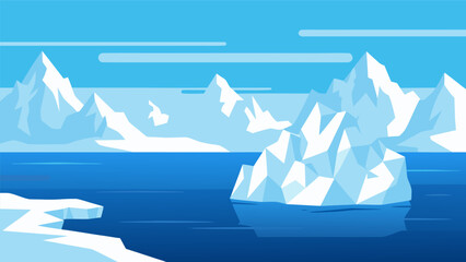 Abstract vector illustration of a serene arctic landscape with icebergs and snowy mountains © PDWN Creative