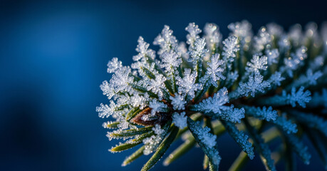 Deep cool blue ambient light bathes sharp fractal ice crystals highlighting winter resilience on a single dark pine needle