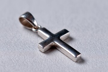 Shiny silver cross pendant on light textured surface