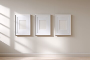 Three white picture frames on beige wall in sunlight