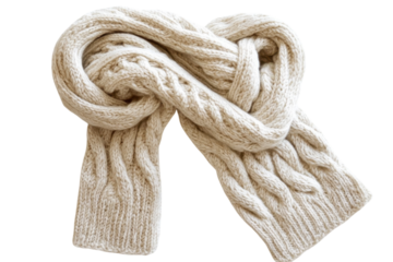 Thick cable knit scarf with textured pattern on bright white surface isolated on transparent background