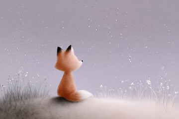 Cute cartoon fox sitting under starry night sky illustration